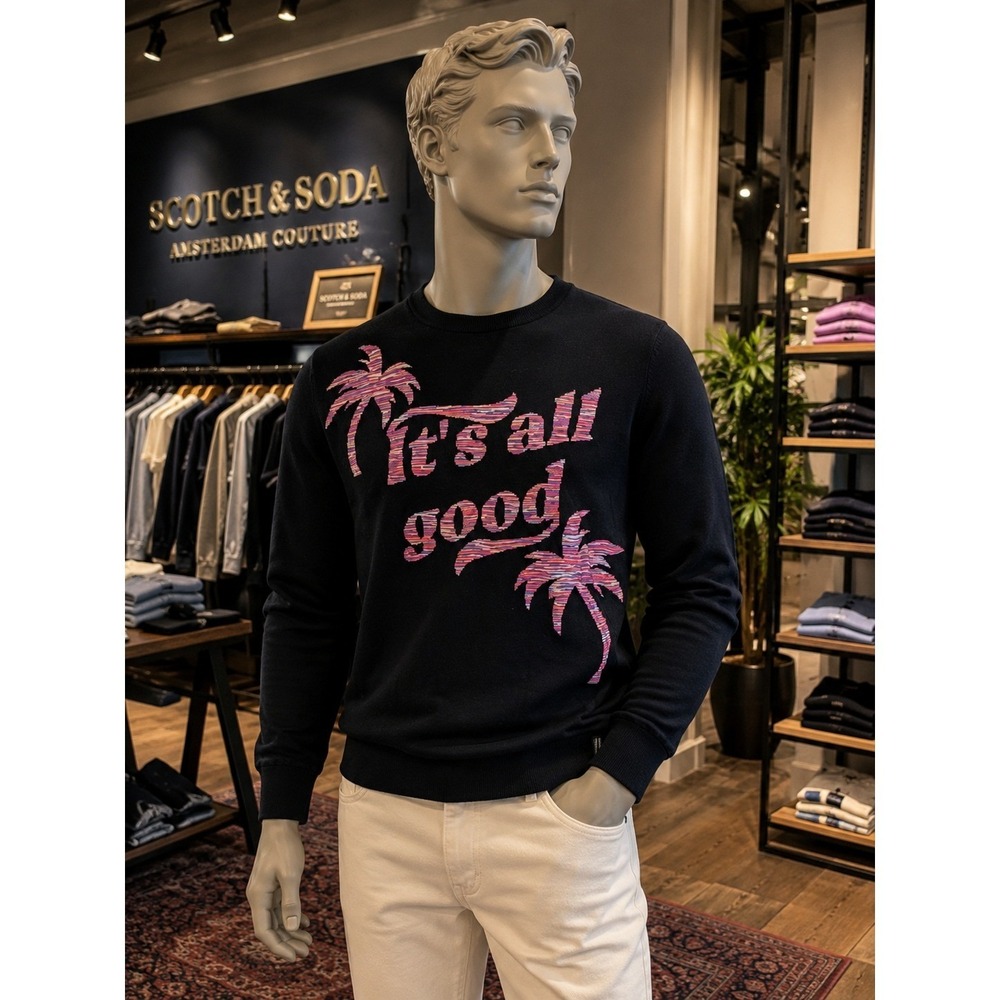 Scotch & Soda Wool Blend "It's All Good" Palm Tree Graphic knit Sweater Large
